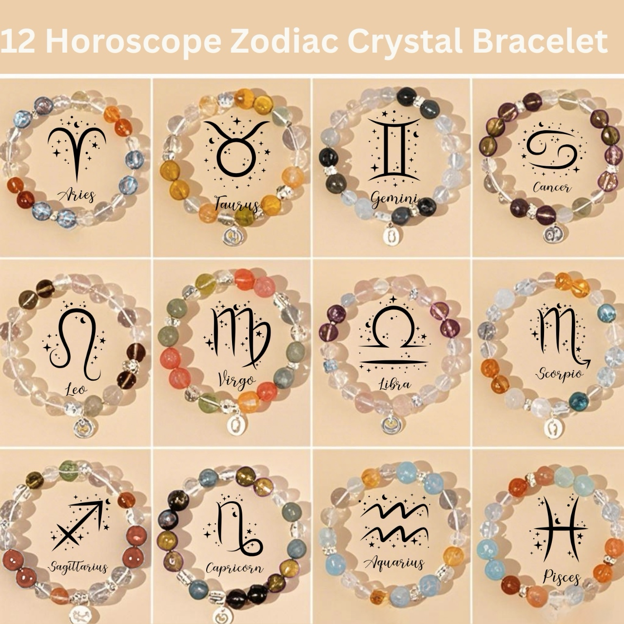12 Horoscope Zodiac Crystal Bracelet - Elastic Astrology Jewelry Gift - Healing Gemstone Birthday Bracelet