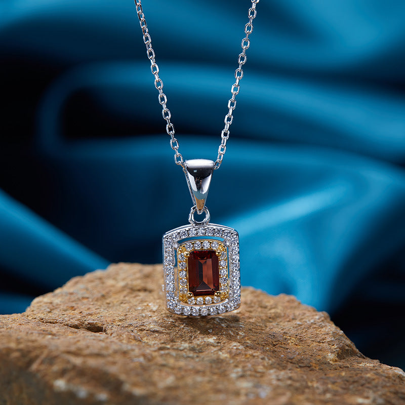 S925 Sterling Silver 18K Gold-Plated Jewelry Set Natural Gemstone Pendant Necklace with Crystals, Garnet or Topaz