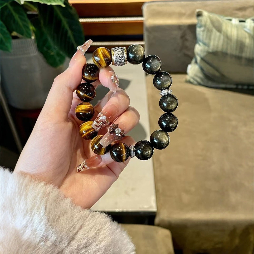 Original Design handmade Black Myth: Wukong Obsidian & Yellow Tiger’s Eye Crystal Bracelet Gift For Man or Woman
