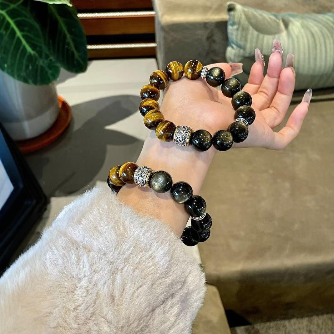 Original Design handmade Black Myth: Wukong Obsidian & Yellow Tiger’s Eye Crystal Bracelet Gift For Man or Woman
