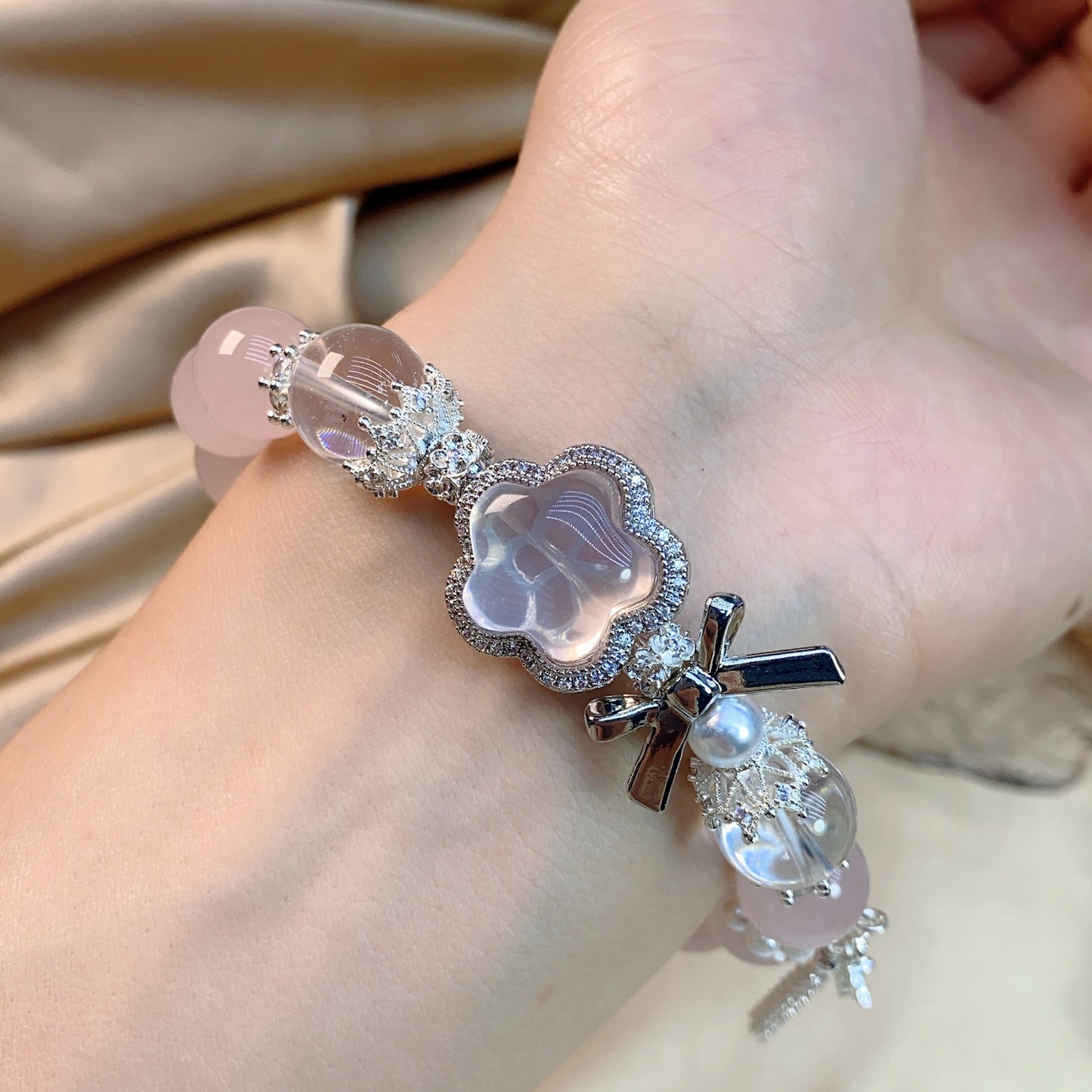 Natural Grapefruit Pink & White Crystal Pearl, Rose Quartz, and Star Charm Bracelet bead 11mm Wrist length 17cm