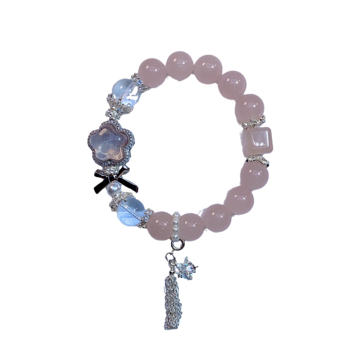 Natural Grapefruit Pink & White Crystal Pearl, Rose Quartz, and Star Charm Bracelet bead 11mm Wrist length 17cm