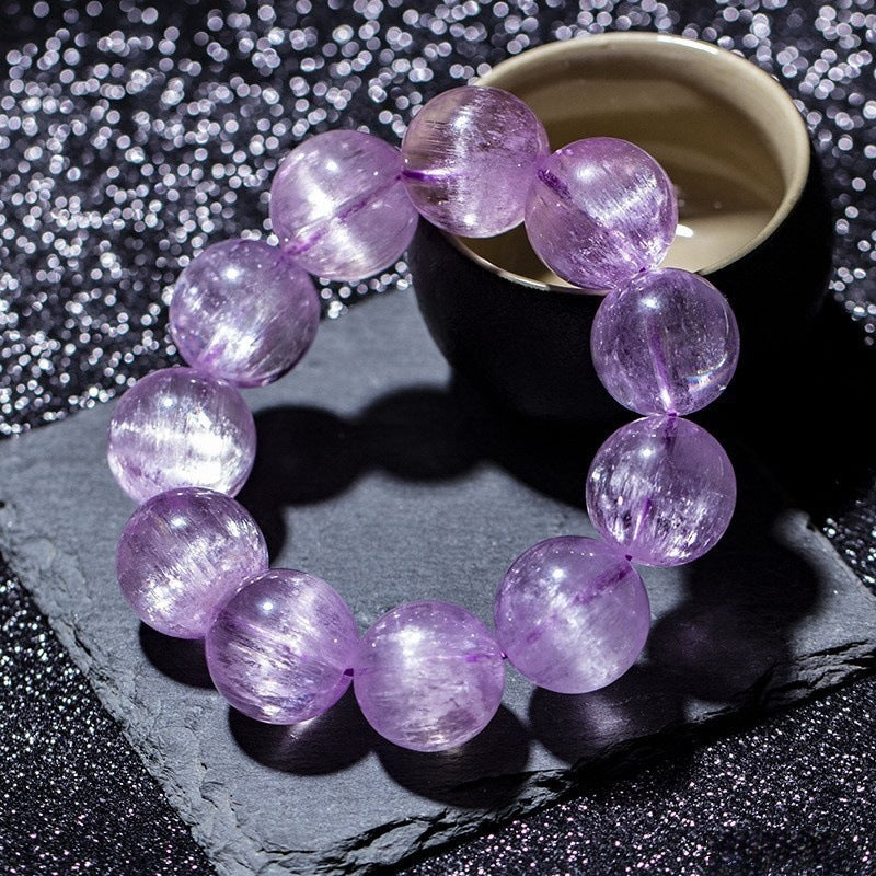 14mm, Natural High Grade Icy Transparent Cat Eye Kunzite Bracelet, Genuine Kunzite Stretch Bracelet