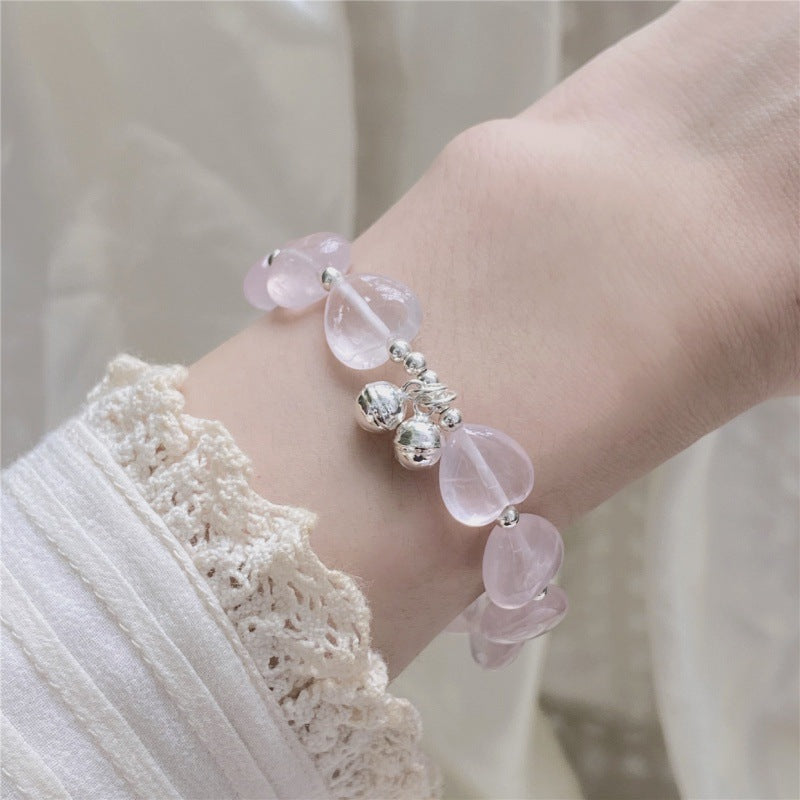 Original Design Handmade Heart-Shaped Rose Quartz & Sterling Silver Bells Bracelet Gift for Girl/Woman