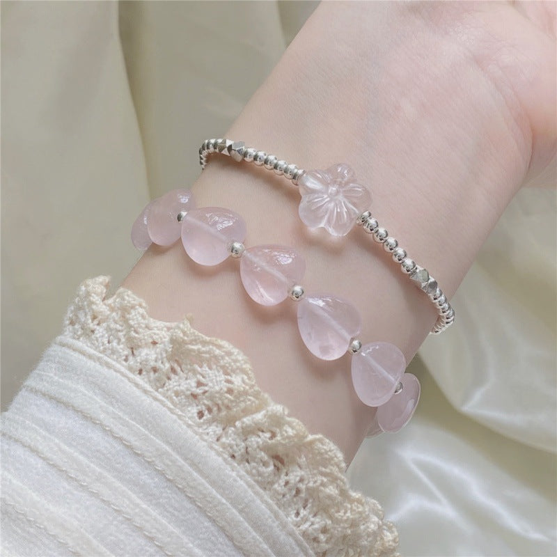 Original Design Handmade Heart-Shaped Rose Quartz & Sterling Silver Bells Bracelet Gift for Girl/Woman
