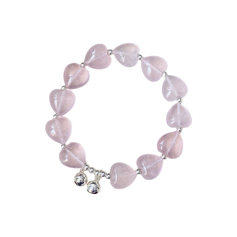 Original Design Handmade Heart-Shaped Rose Quartz & Sterling Silver Bells Bracelet Gift for Girl/Woman