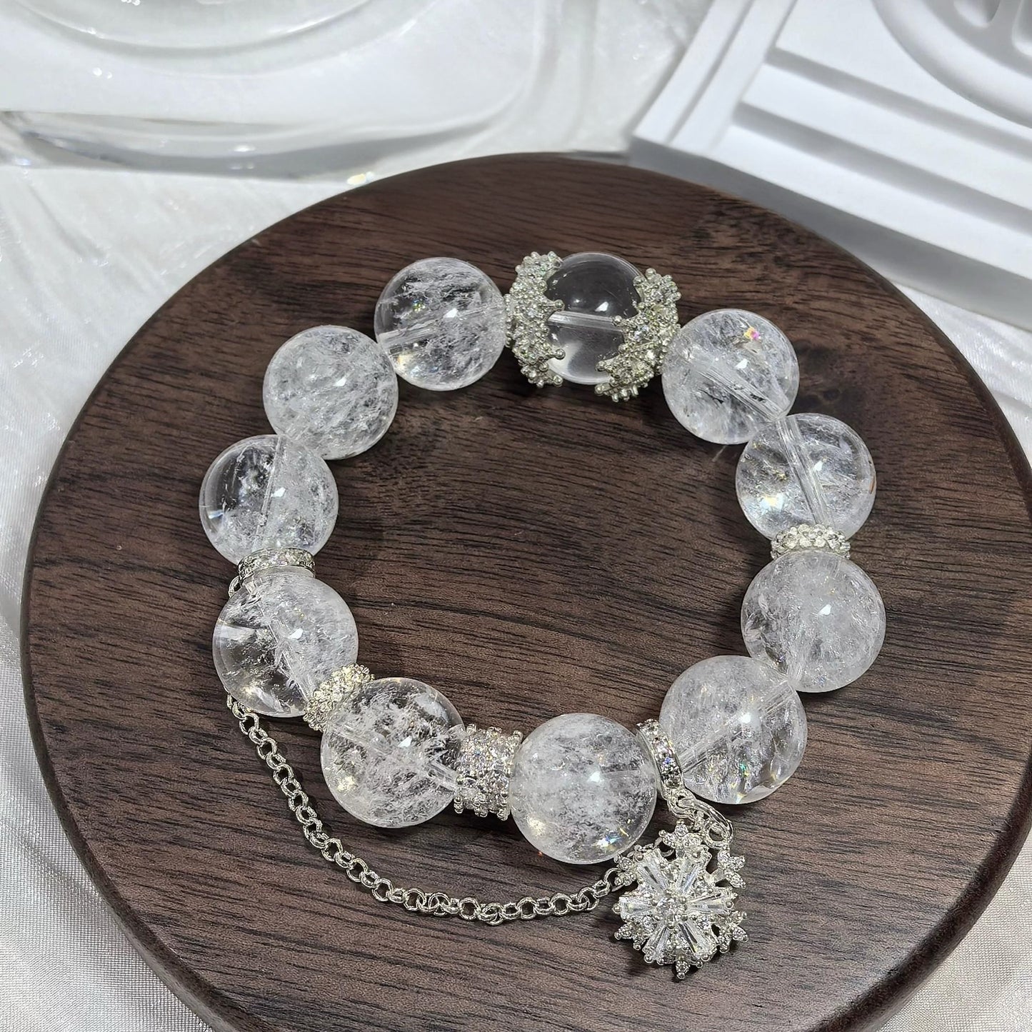 Original Design Natural White Asai & White Quartz Crystal Bracelet – Luxury Good Fortune Gift with Large-Point Healing Energy