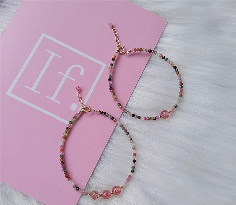 Rainbow Tourmaline Minimalist Bracelet -Natural Strawberry Quartz Stone Dainty Bracelet- Tourmaline Crystal Bracelet, Heart Chakra Gift