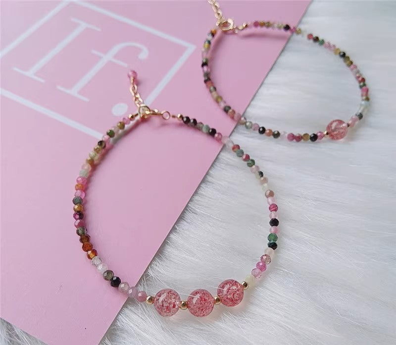 Rainbow Tourmaline Minimalist Bracelet -Natural Strawberry Quartz Stone Dainty Bracelet- Tourmaline Crystal Bracelet, Heart Chakra Gift
