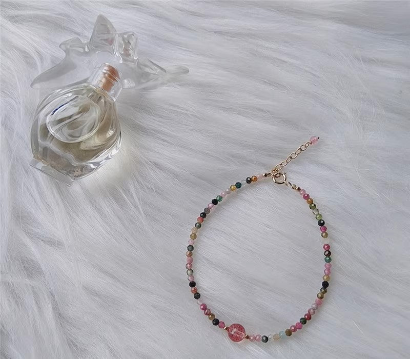 Rainbow Tourmaline Minimalist Bracelet -Natural Strawberry Quartz Stone Dainty Bracelet- Tourmaline Crystal Bracelet, Heart Chakra Gift