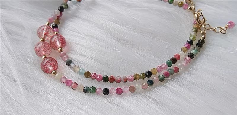Rainbow Tourmaline Minimalist Bracelet -Natural Strawberry Quartz Stone Dainty Bracelet- Tourmaline Crystal Bracelet, Heart Chakra Gift