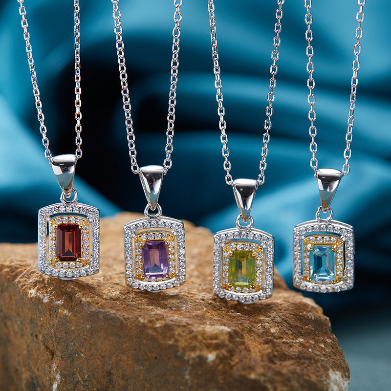 S925 Sterling Silver 18K Gold-Plated Jewelry Set Natural Gemstone Pendant Necklace with Crystals, Garnet or Topaz