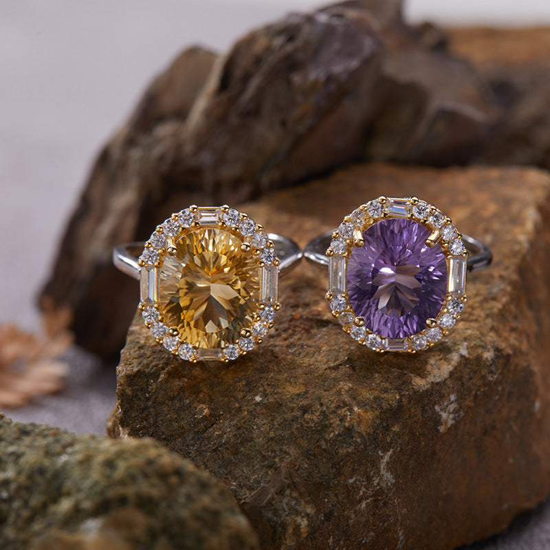 S925 Sterling Silver Natural Citrine & Amethyst Multi-Gemstone Ring Gift For Her/Mom/Woman