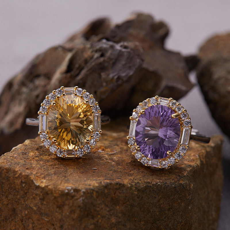 S925 Sterling Silver Natural Citrine & Amethyst Multi-Gemstone Ring Gift For Her/Mom/Woman