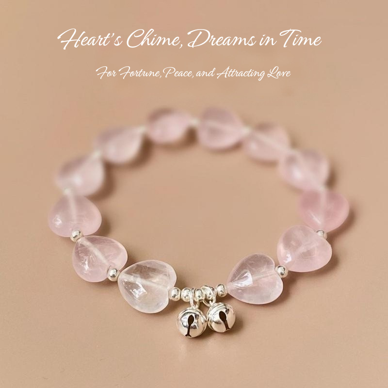 Original Design Handmade Heart-Shaped Rose Quartz & Sterling Silver Bells Bracelet Gift for Girl/Woman