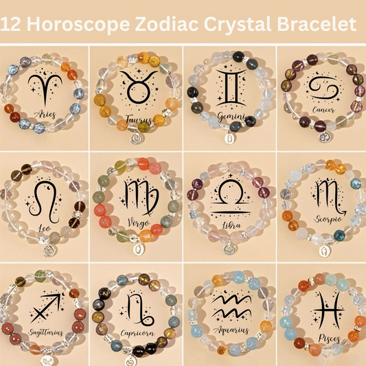 12 Horoscope Zodiac Crystal Bracelet - Elastic Astrology Jewelry Gift - Healing Gemstone Birthday Bracelet