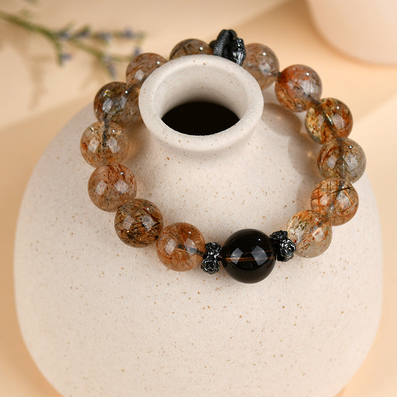 Smoky Quartz&Black  Super 7 High Vibration Frequency 12+14mm Beaded Bracelet High Power Energy Gift for Men or Women