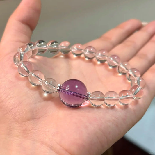 8mm AA Clear Quartz &16mm Ice-Clear Amethyst Crown Bracelet