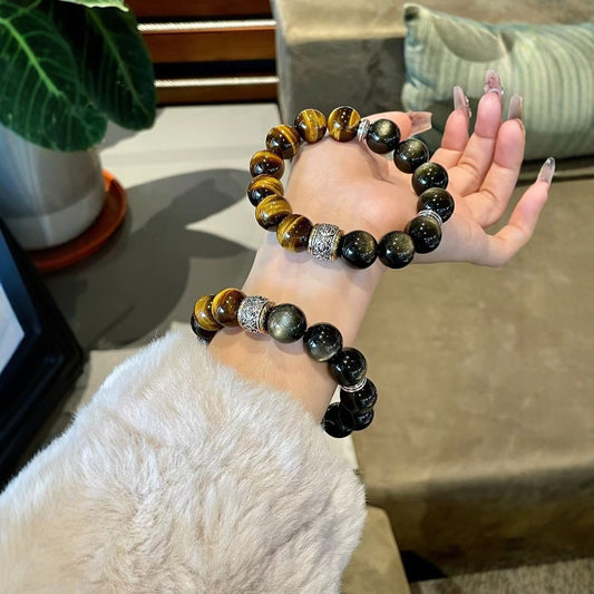 Original Design handmade Black Myth: Wukong Obsidian & Yellow Tiger’s Eye Crystal Bracelet Gift For Man or Woman