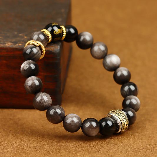 Black Myth:WuKong:Handmade Natural Gold&Silver Sheen Obsidian /Agate Energy Bracelet Gift For Man or Woman
