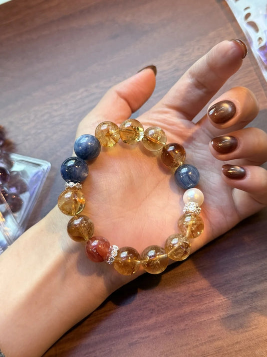 Natural Citrine+Blue Quartz Bracelet·Wealth&Throat Chakra&Protection