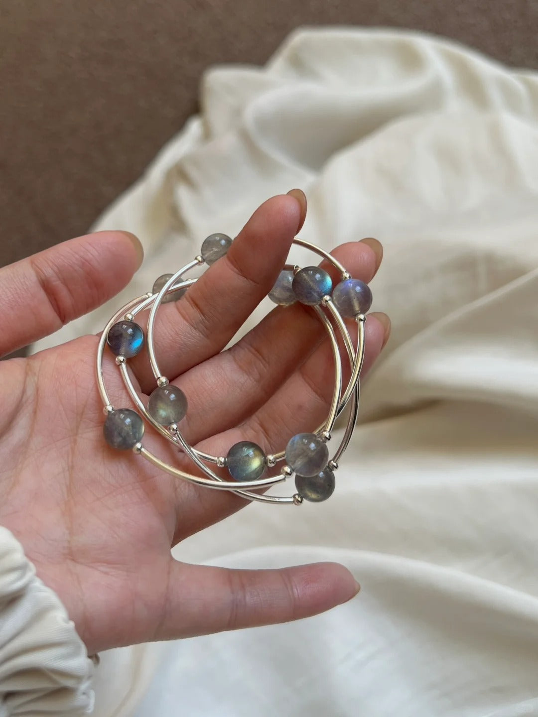 Gray Moonstone Triple Wrap Bracelet-Emotional Balance &amp; Dream Enhancement