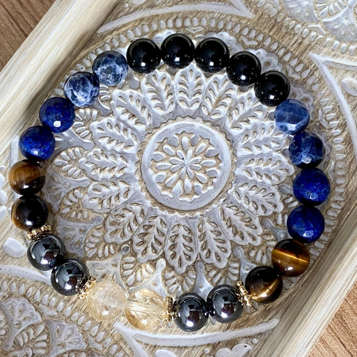 Handmade Natural Tiger’s Eye, Obsidian, Lapis Lazuli & Citrine Crystal Bracelet Gift For Man or Woman