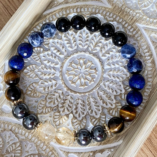Handmade Natural Tiger’s Eye, Obsidian, Lapis Lazuli & Citrine Crystal Bracelet Gift For Man or Woman