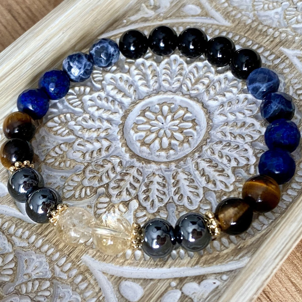 Handmade Natural Tiger’s Eye, Obsidian, Lapis Lazuli & Citrine Crystal Bracelet Gift For Man or Woman