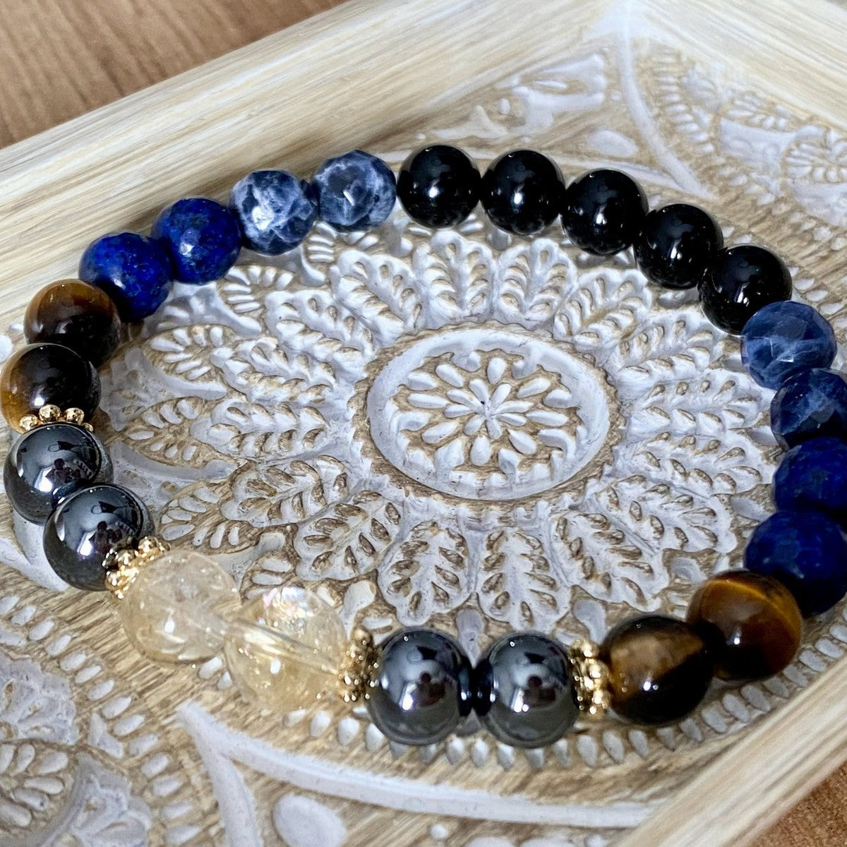 Handmade Natural Tiger’s Eye, Obsidian, Lapis Lazuli & Citrine Crystal Bracelet Gift For Man or Woman