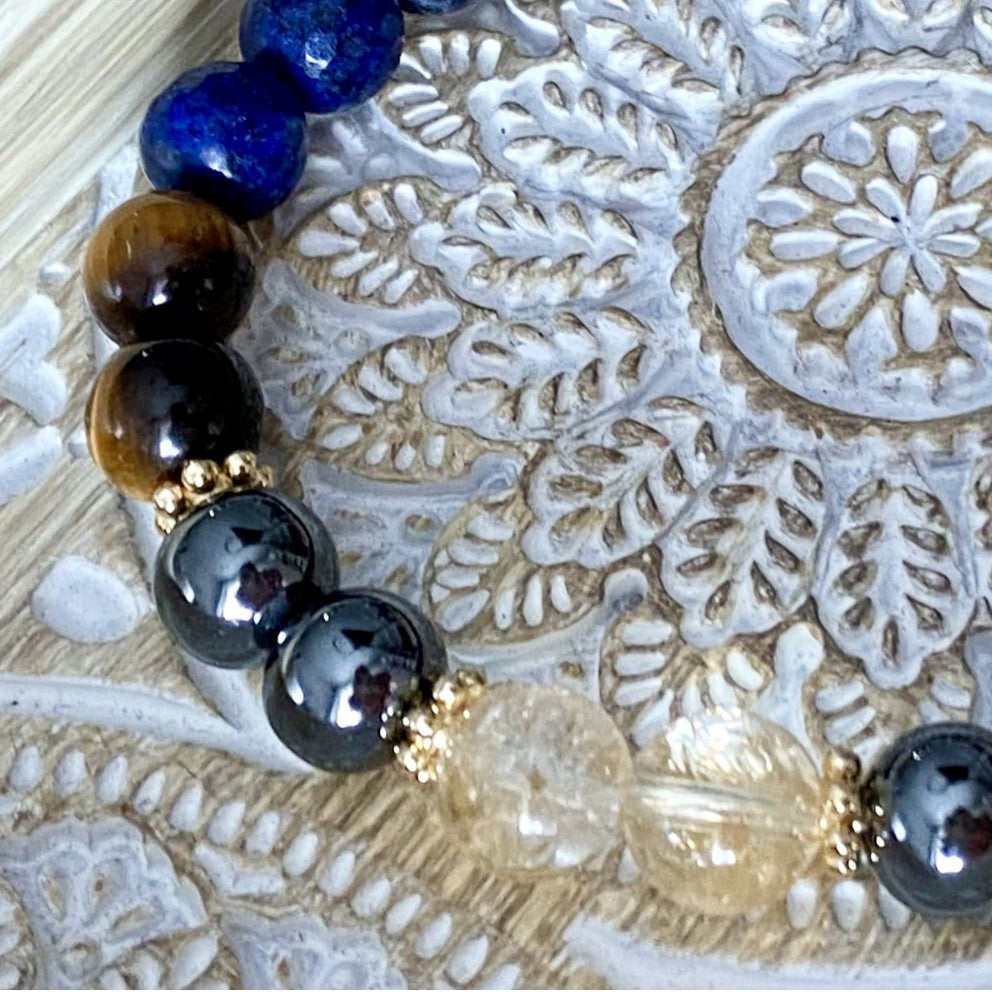 Handmade Natural Tiger’s Eye, Obsidian, Lapis Lazuli & Citrine Crystal Bracelet Gift For Man or Woman