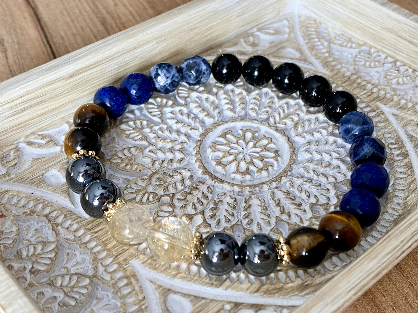 Handmade Natural Tiger’s Eye, Obsidian, Lapis Lazuli & Citrine Crystal Bracelet Gift For Man or Woman