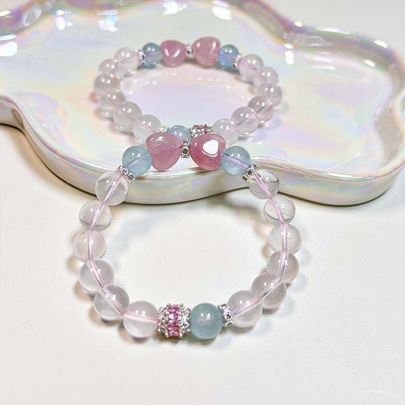 Handcrafted Natural Clear Quartz, Aquamarine & Heart-Shaped Rose Quartz Bracelet