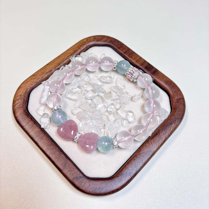 Handcrafted Natural Clear Quartz, Aquamarine & Heart-Shaped Rose Quartz Bracelet