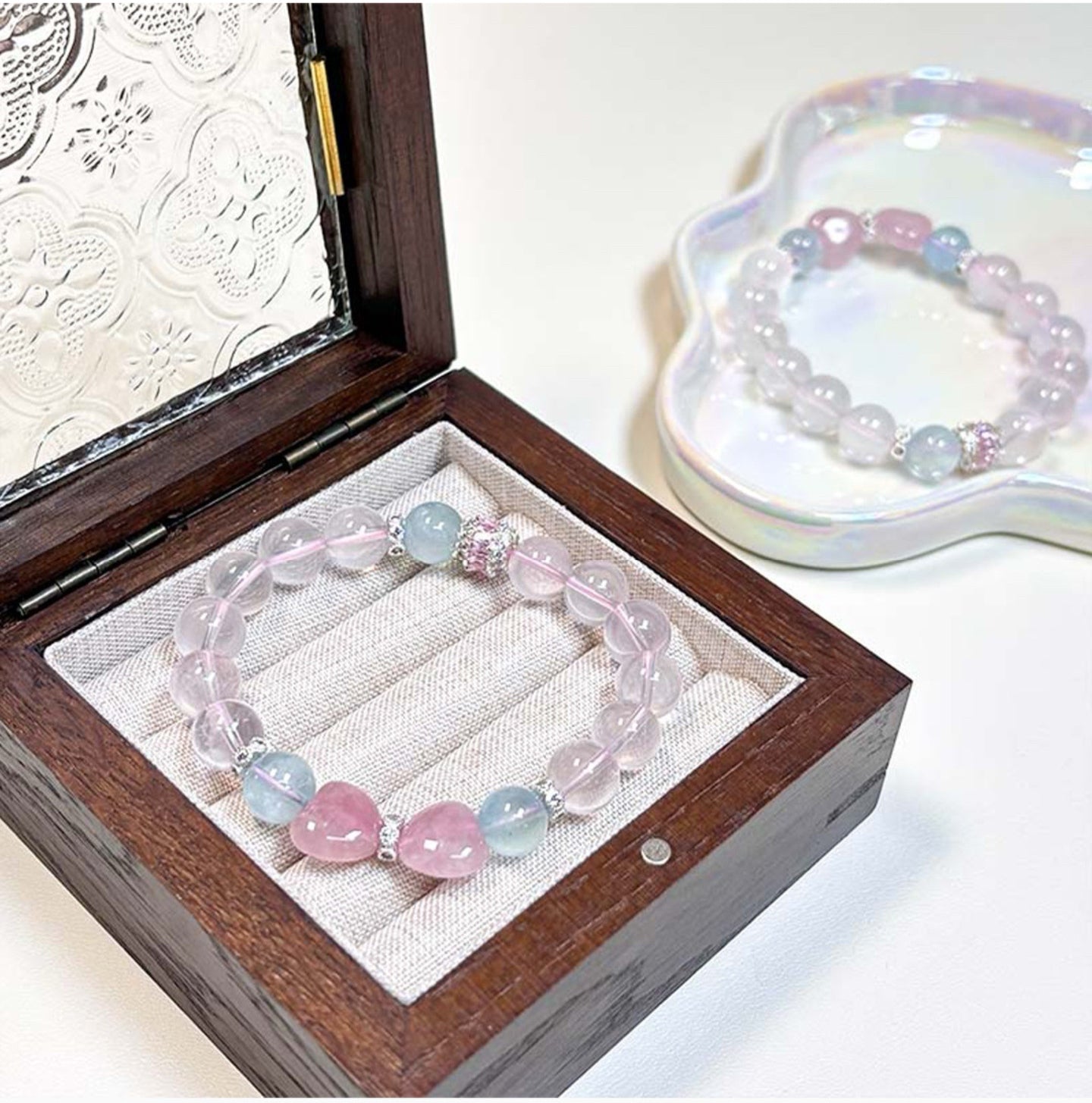 Handcrafted Natural Clear Quartz, Aquamarine & Heart-Shaped Rose Quartz Bracelet