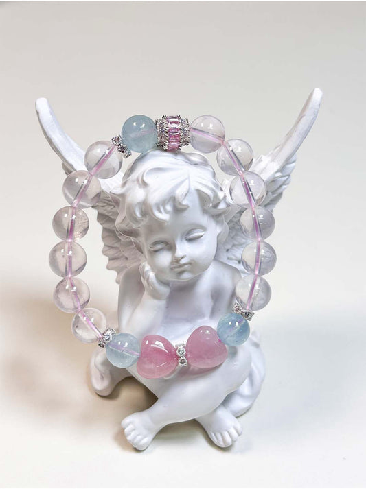 Handcrafted Natural Clear Quartz, Aquamarine & Heart-Shaped Rose Quartz Bracelet