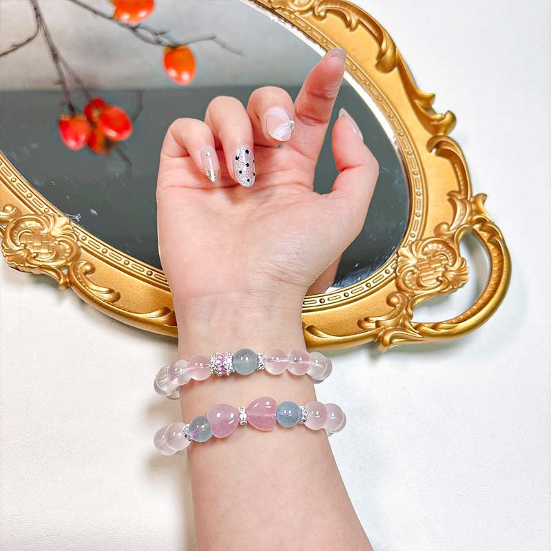 Handcrafted Natural Clear Quartz, Aquamarine & Heart-Shaped Rose Quartz Bracelet