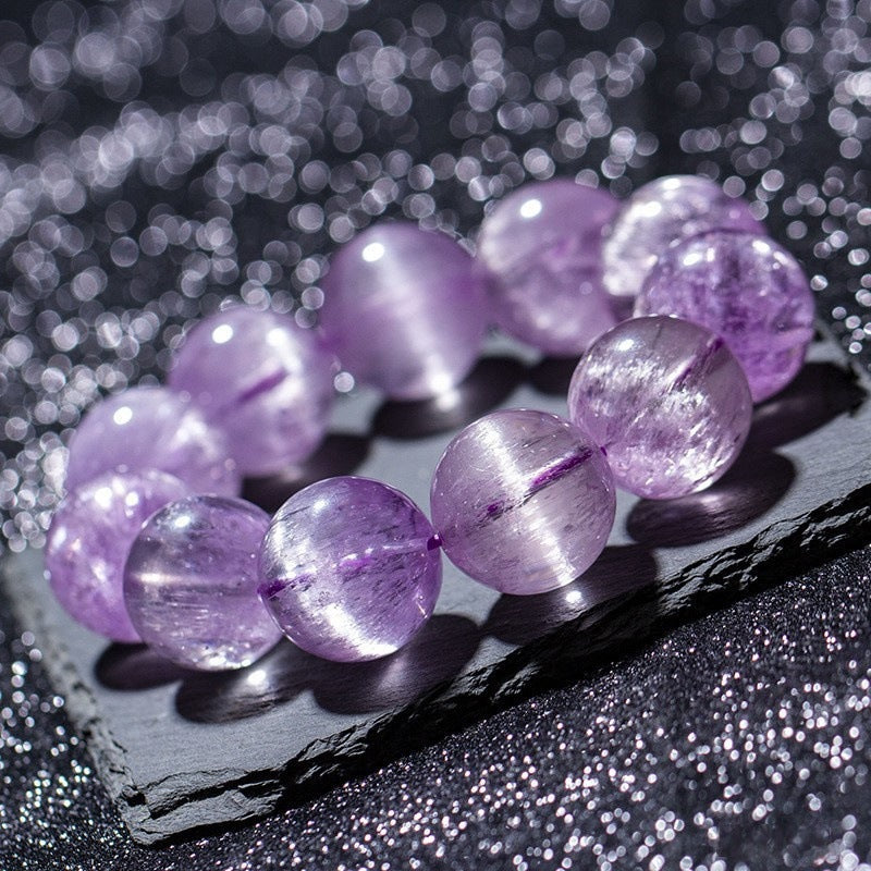 14mm, Natural High Grade Icy Transparent Cat Eye Kunzite Bracelet, Genuine Kunzite Stretch Bracelet