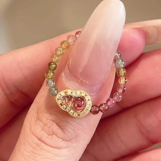 Natural Rainbow Tourmaline Calabash Ring — Artisan Design, Tarnish-Proof Crystal Statement Piece in Luxe Bohemian Style