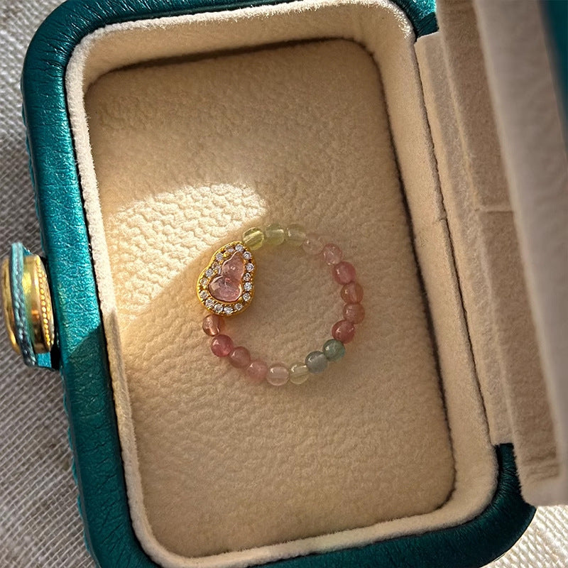 Natural Rainbow Tourmaline Calabash Ring — Artisan Design, Tarnish-Proof Crystal Statement Piece in Luxe Bohemian Style