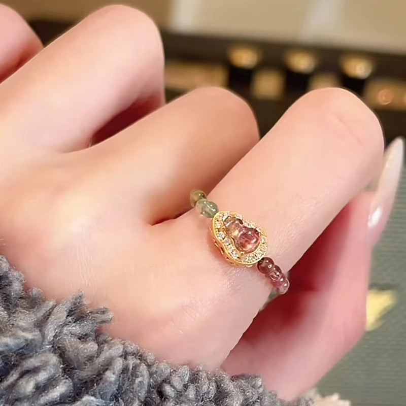 Natural Rainbow Tourmaline Calabash Ring — Artisan Design, Tarnish-Proof Crystal Statement Piece in Luxe Bohemian Style
