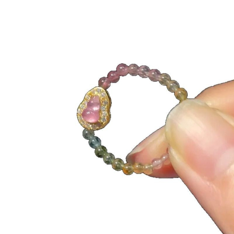 Natural Rainbow Tourmaline Calabash Ring — Artisan Design, Tarnish-Proof Crystal Statement Piece in Luxe Bohemian Style
