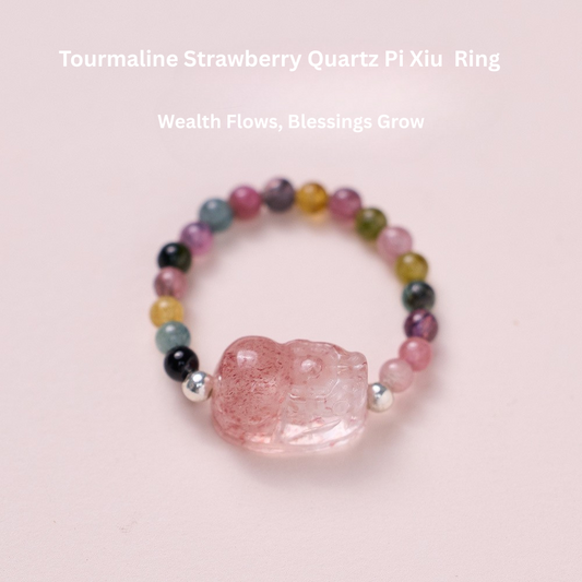 Natural strawberry quartz Pi Xiu ring, tourmaline, freshwater pearl, garnet crystal elastic cord ring