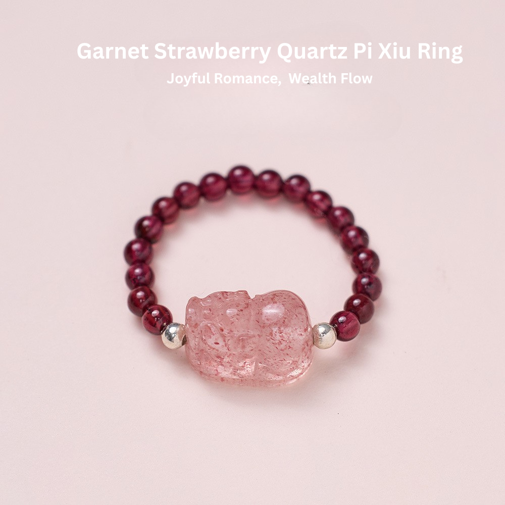 Natural strawberry quartz Pi Xiu ring, tourmaline, freshwater pearl, garnet crystal elastic cord ring