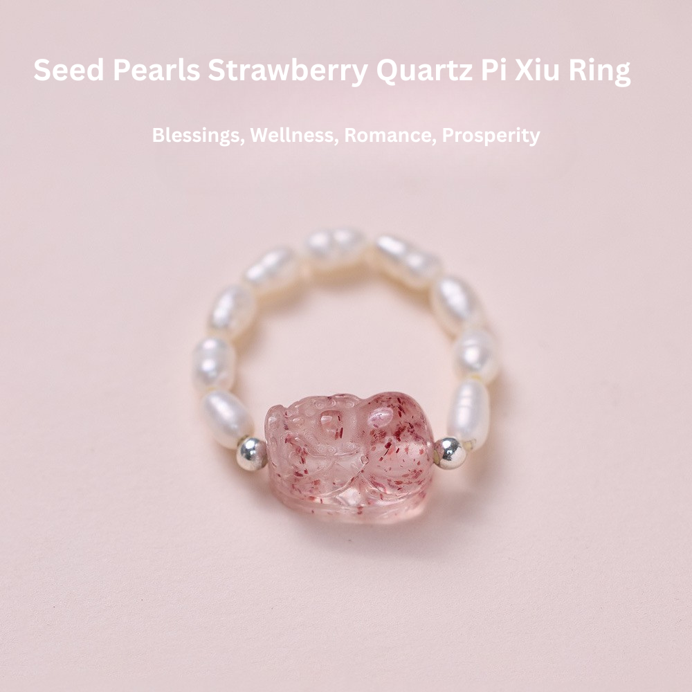Natural strawberry quartz Pi Xiu ring, tourmaline, freshwater pearl, garnet crystal elastic cord ring