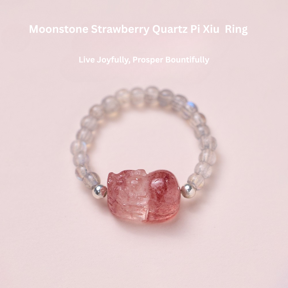 Natural strawberry quartz Pi Xiu ring, tourmaline, freshwater pearl, garnet crystal elastic cord ring