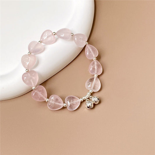 Original Design Handmade Heart-Shaped Rose Quartz & Sterling Silver Bells Bracelet Gift for Girl/Woman