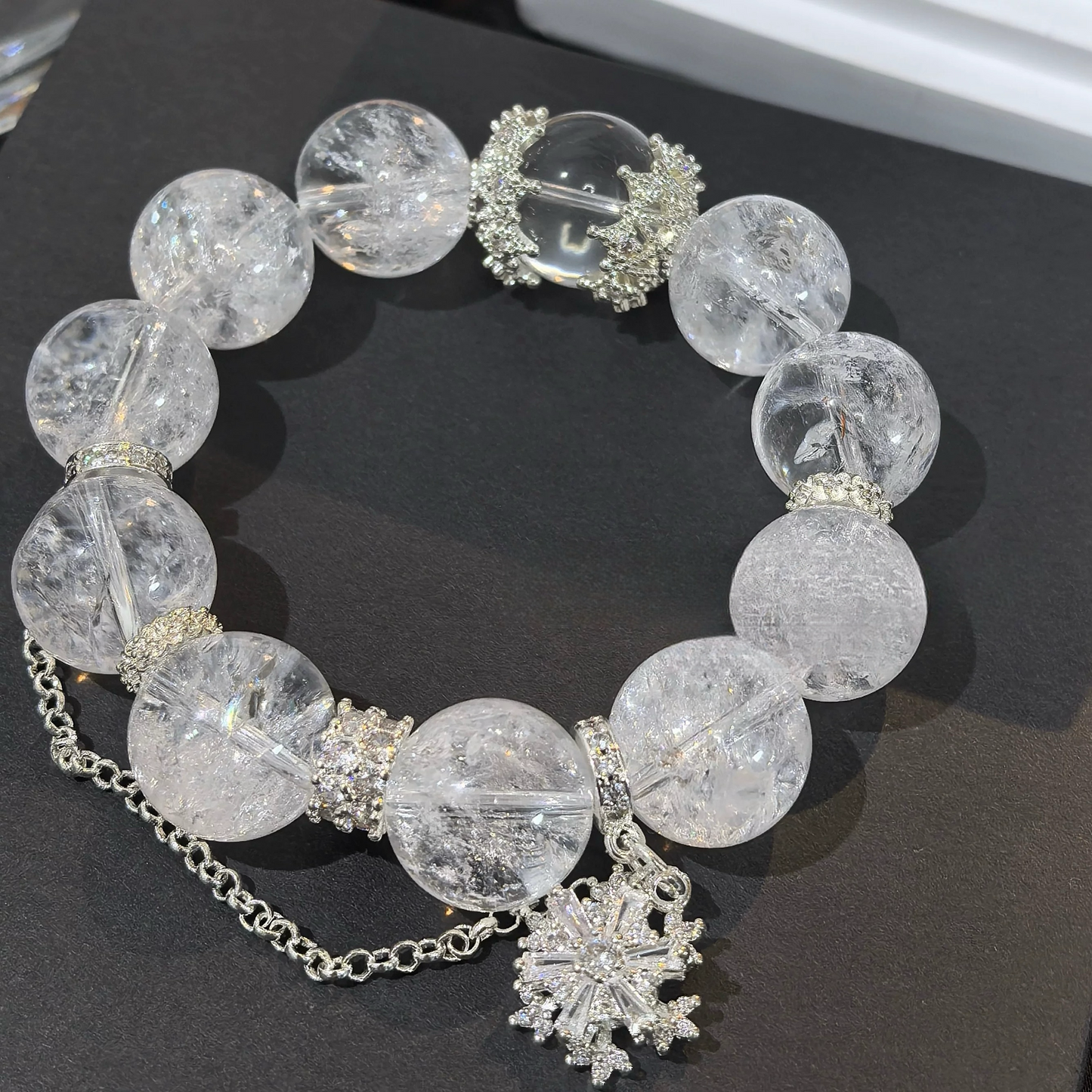 Original Design Natural White Asai & White Quartz Crystal Bracelet – Luxury Good Fortune Gift with Large-Point Healing Energy