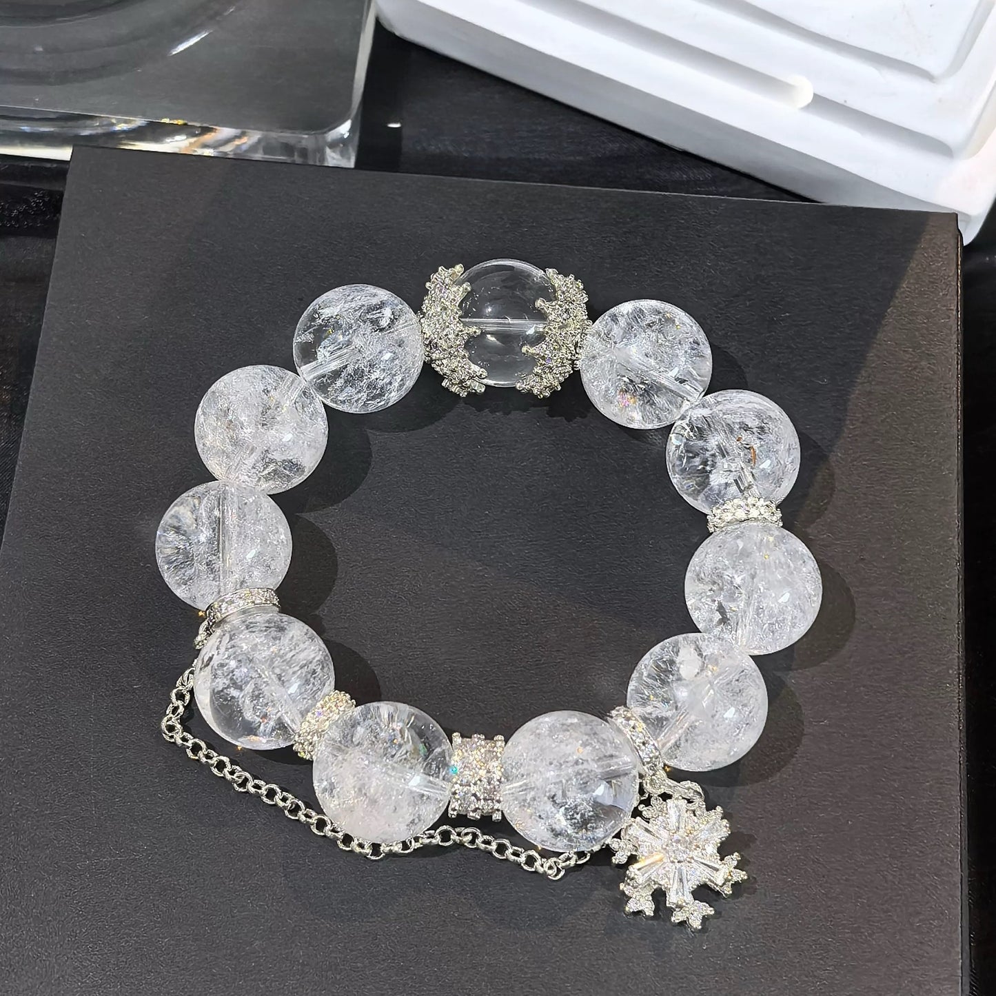 Original Design Natural White Asai & White Quartz Crystal Bracelet – Luxury Good Fortune Gift with Large-Point Healing Energy