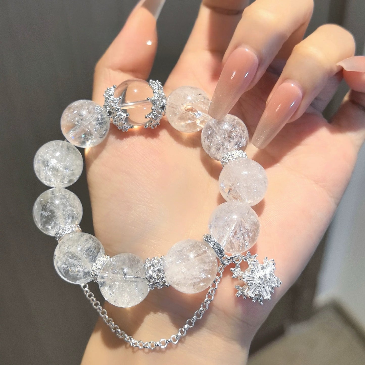 Original Design Natural White Asai & White Quartz Crystal Bracelet – Luxury Good Fortune Gift with Large-Point Healing Energy